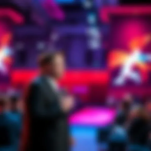 Elon Musk speaking on stage at a tech conference, highlighting his views on technology's role in politics