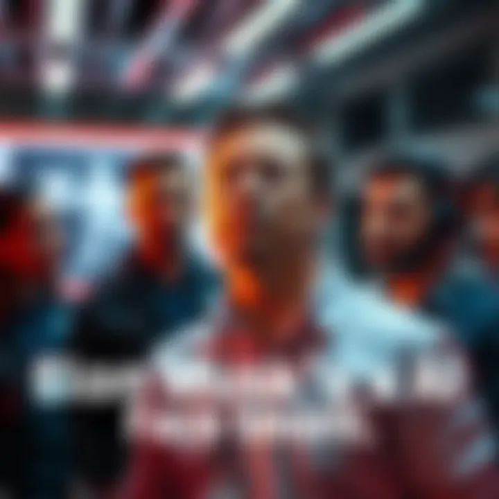 Elon Musk standing with a concerned expression as team members discuss changes in the background