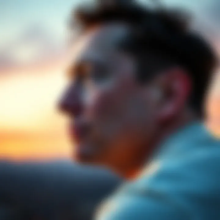 A thoughtful portrait of Elon Musk looking out into the distance, reflecting on technology and innovation.