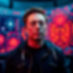 Elon Musk standing in front of futuristic artificial intelligence displays, indicating the surpassing of human capabilities.