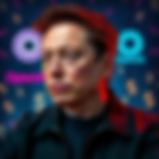 Elon Musk looking contemplative, with logos of OpenAI and dollar signs in the background