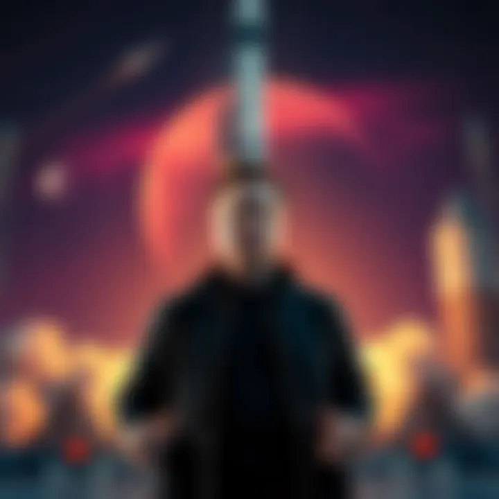 Elon Musk standing in front of a SpaceX rocket with a space backdrop, symbolizing Mars colonization efforts.
