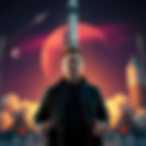 Elon Musk at SpaceX Launch Elon Musk standing in front of a SpaceX rocket with a space backdrop, symbolizing Mars colonization efforts.