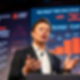 Elon Musk speaking at a press conference about the plans for xAI's major rebuilding after co-founders left. Behind him are charts showing AI development phases.