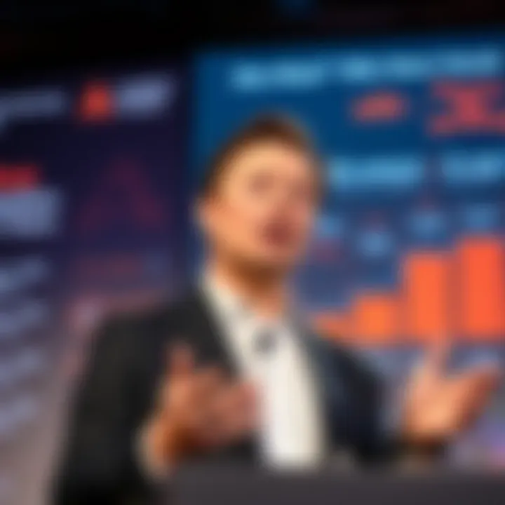 Elon Musk speaking at a press conference about the plans for xAI's major rebuilding after co-founders left. Behind him are charts showing AI development phases.
