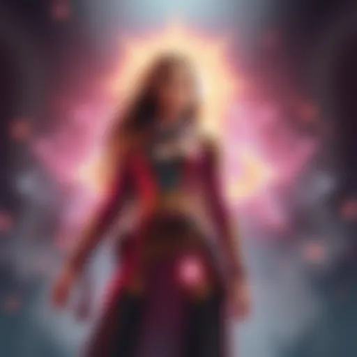 A figure representing Ælya stands confidently with glowing energy around her, symbolizing her role as a guardian and architect of dimensions.