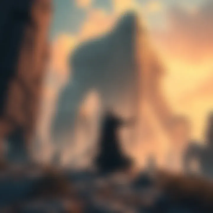 Elyhias, a leper armed with a sling and blade, confronts towering giants in an ancient setting filled with suspense.