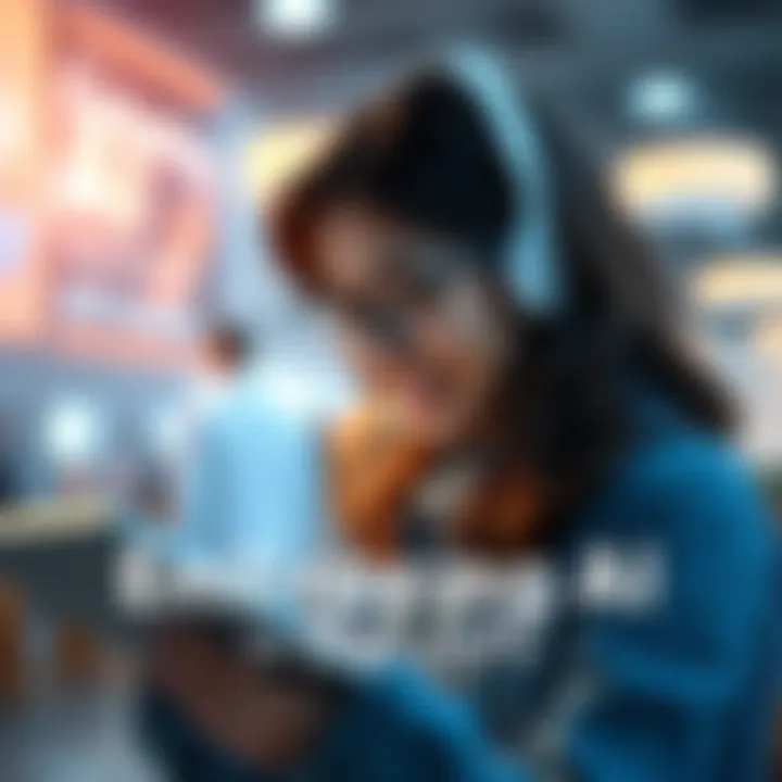 A person using a tablet with AI features, looking hopeful and engaged. The background shows a bright and modern environment, symbolizing a positive future with technology.