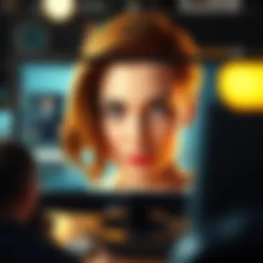 A digital artist working on a portrait of Emily Blunt using ZBrush and Houdini software on a computer screen.