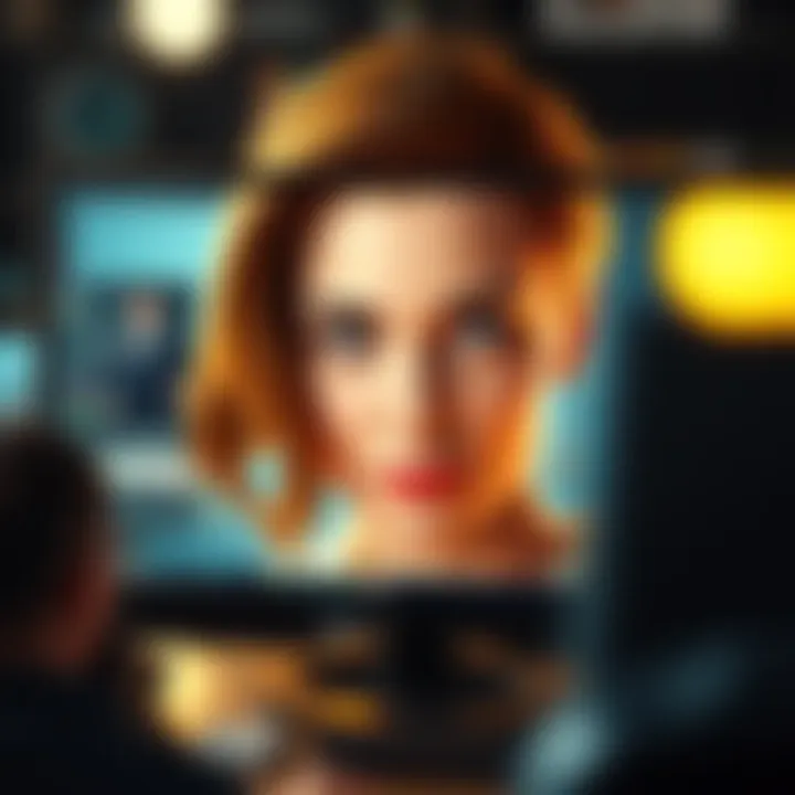 A digital artist working on a portrait of Emily Blunt using ZBrush and Houdini software on a computer screen.