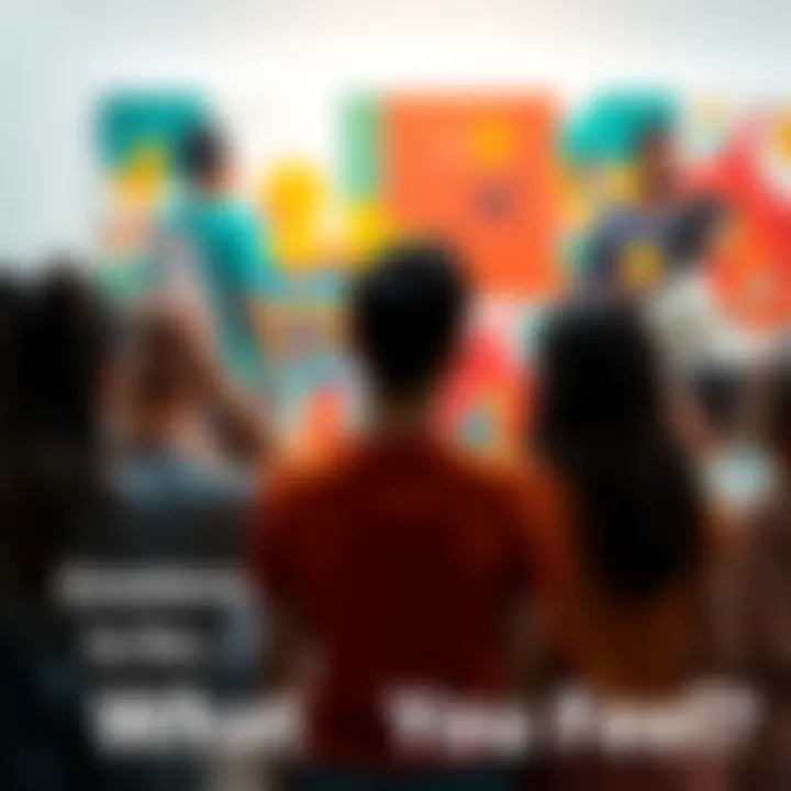 A diverse group of people observing a colorful abstract painting, expressing various emotions as they react to the artwork.