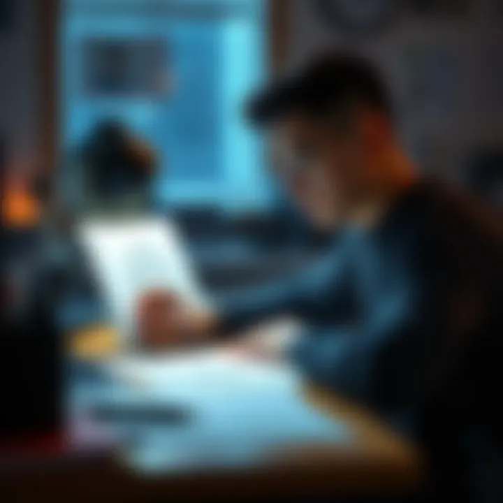 A person sitting at a desk, looking thoughtfully at a sketch of a character, with visible feelings of attachment and empathy on their face.