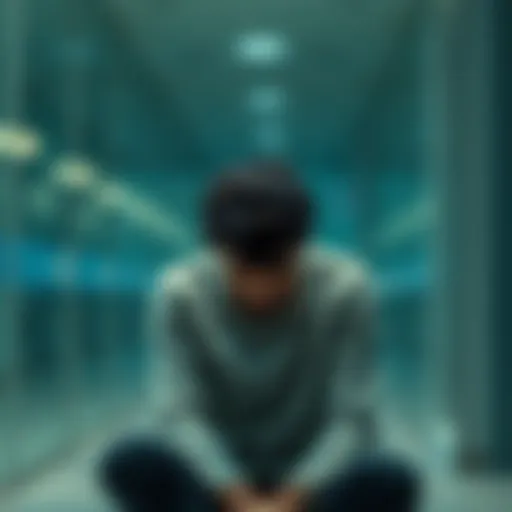 A person sitting alone, looking down with a distressed expression, surrounded by a blurry background representing confusion and isolation.