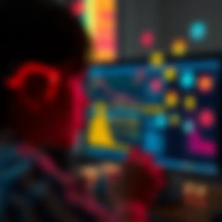 A person looking at a computer screen with data and emotional icons around them, illustrating the connection between relationship experiences and AI vulnerabilities.