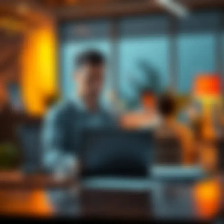 A focused employee sitting at a desk with a laptop, contemplating their career path towards a managerial position.