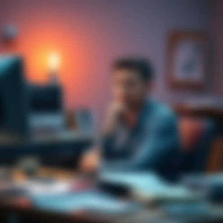 A GS-9 employee sitting at a desk with a thoughtful expression, surrounded by papers and a computer, contemplating a promotion during stressful work conditions.