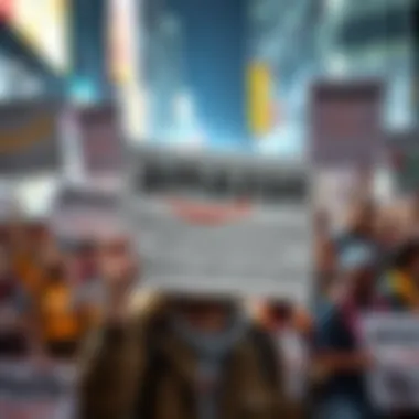 An employee holds a sign during a protest against Amazon's partnership with Israel, surrounded by other protesters holding similar signs.