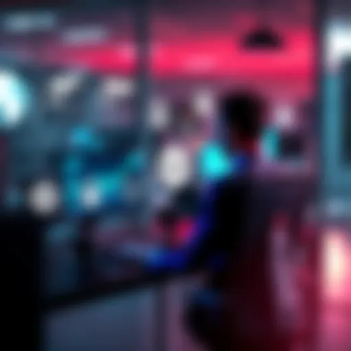 An employee sits at a desk, focused on their computer screen, surrounded by icons representing tracking and surveillance, highlighting privacy concerns in the workplace.