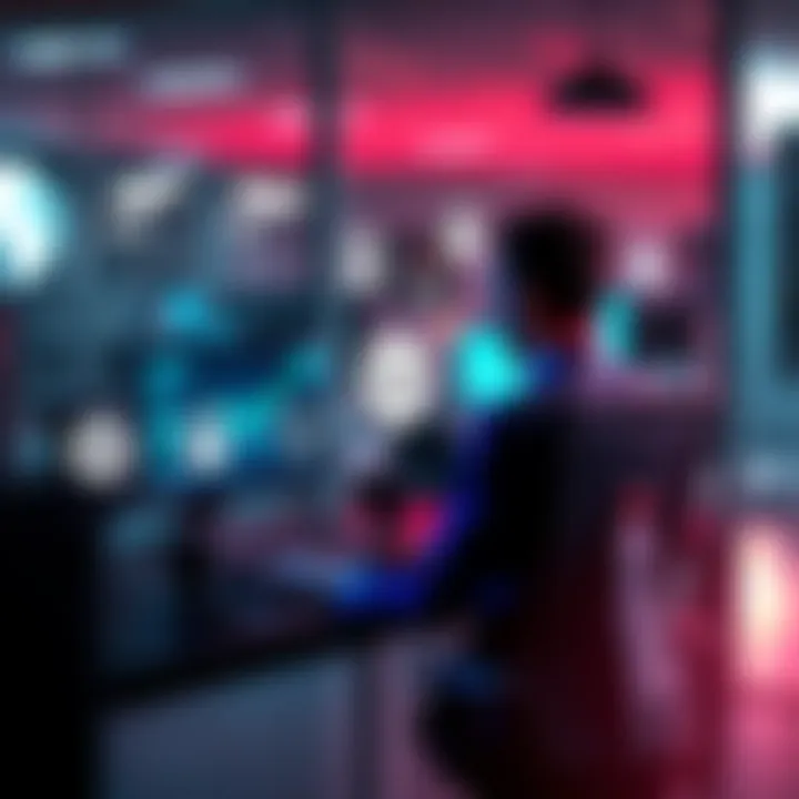 An employee sits at a desk, focused on their computer screen, surrounded by icons representing tracking and surveillance, highlighting privacy concerns in the workplace.