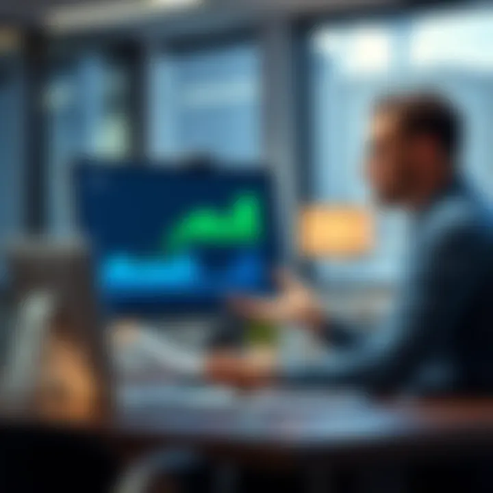 A person explaining job automation to their employer in an office setting, with charts and graphs on a screen showing productivity improvements.