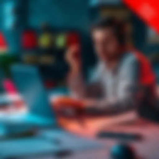 A worried employee working on a laptop, surrounded by papers and client files, while engaging with an AI tool on the screen.