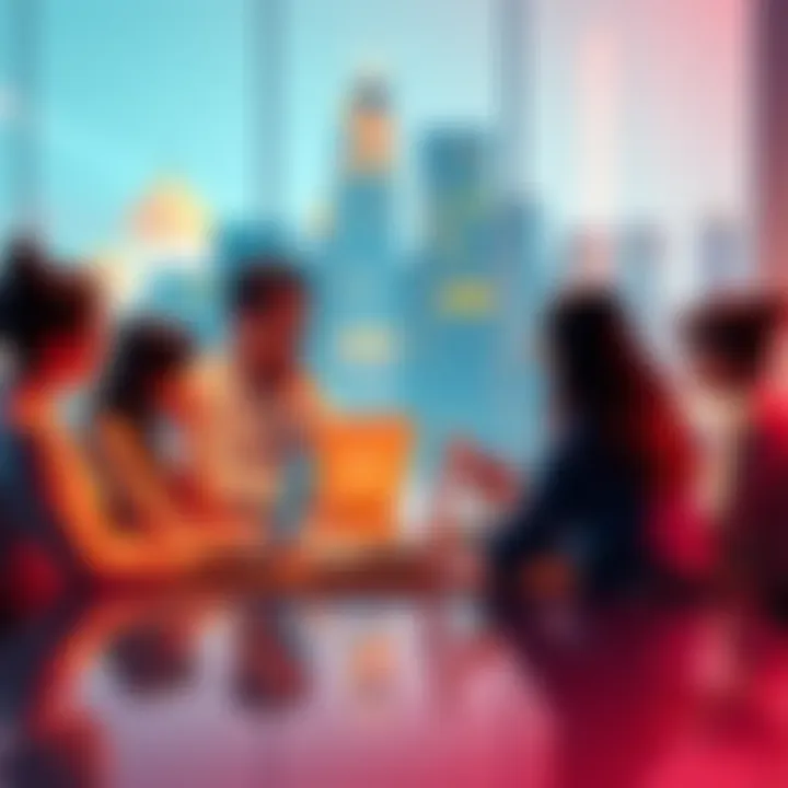 A group of employees sitting around a table with laptops, discussing their upcoming mandatory trips for work.