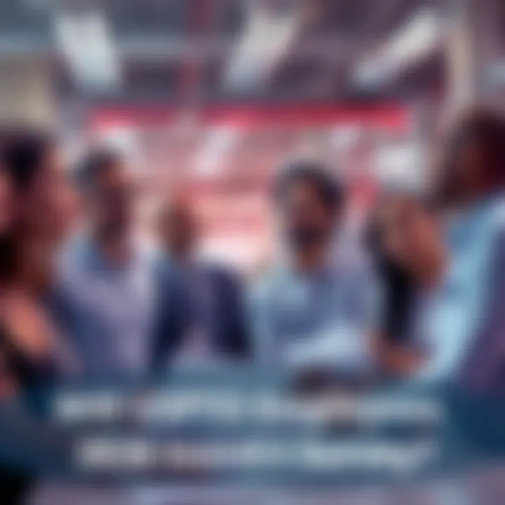 A group of employees at a workplace discussing a survey, some looking amused while others appear skeptical.