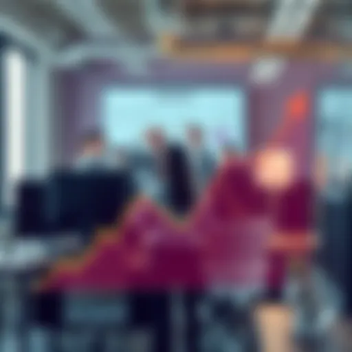 A business chart showing a downward trend with a person looking concerned in an office setting.