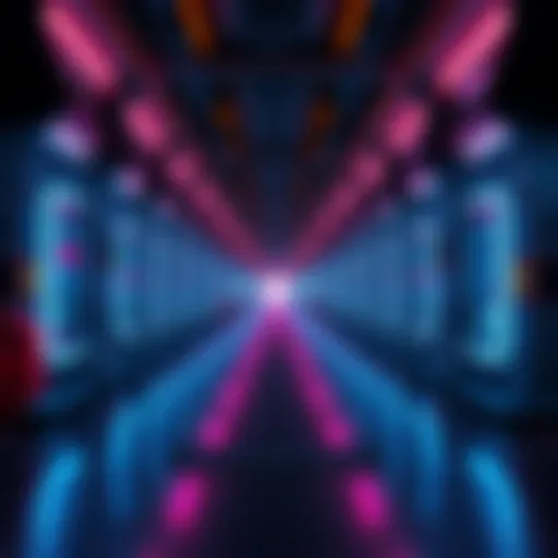 A virtual scene depicting an infinite hallway in a video game, showcasing long corridors with dynamic lighting and game elements.