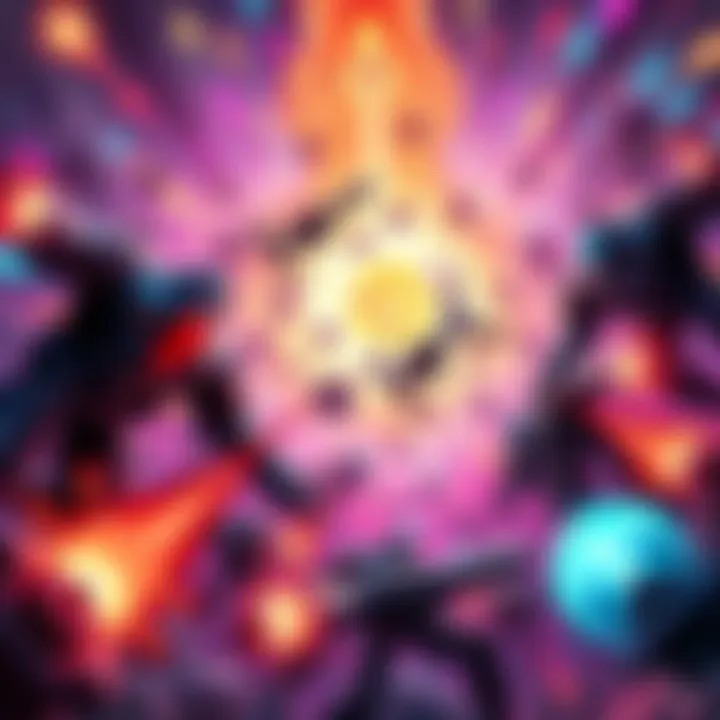 A vibrant scene depicting chaotic gameplay with multiple enemies and projectiles in a bullet hell game, showcasing intense action and strategy.