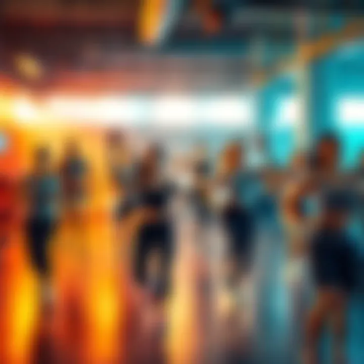 A colorful and dynamic workout session with diverse people exercising in a gym setting, showcasing motivation and energy.