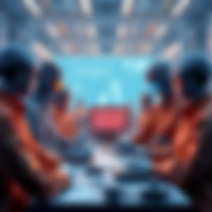 A group of engineers discussing robotics and automation technologies with computers and blueprints around them