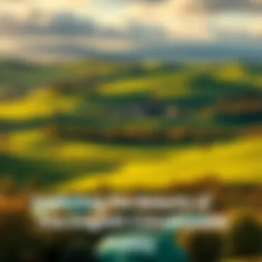 English countryside with rolling hills A scenic view of the English countryside showcasing rolling green hills and a quaint village in the distance.