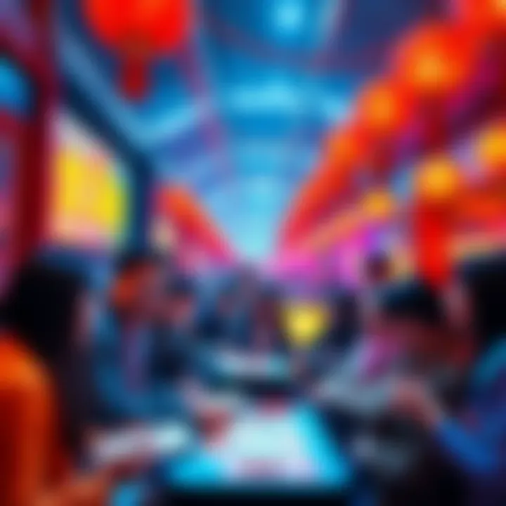 A group of people engaging in English word games, showing excitement and interaction in a colorful setting.