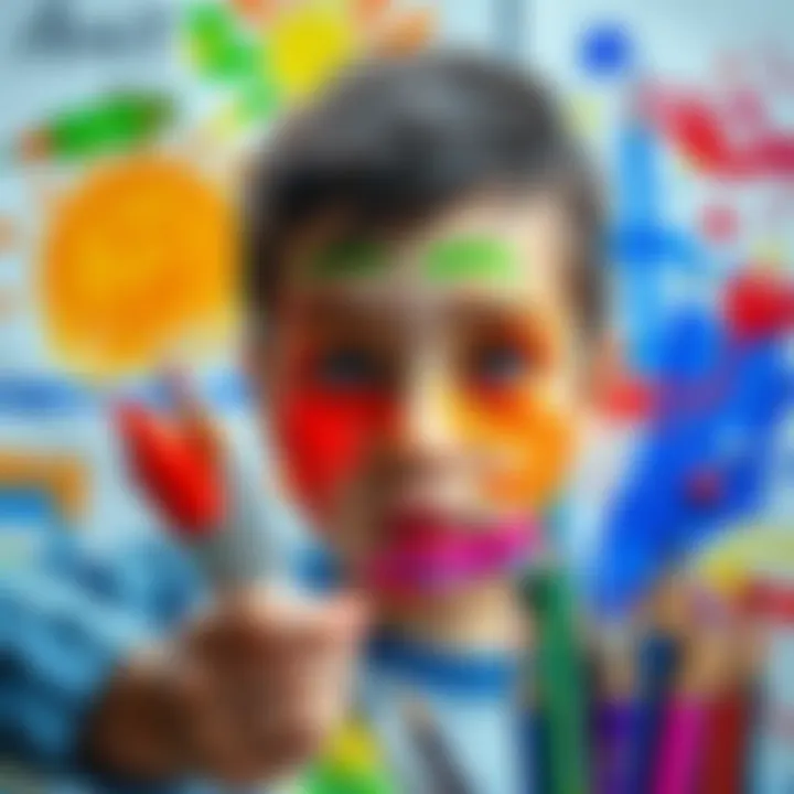 A colorful art project created by a child, showcasing a mix of traditional and AI-generated elements, featuring drawings and vibrant colors.