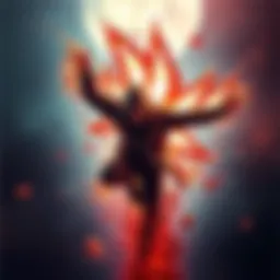 A digital artwork showcasing a character in a video game with dramatic death animations, featuring dynamic effects and splashes of color.