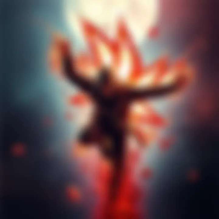 A digital artwork showcasing a character in a video game with dramatic death animations, featuring dynamic effects and splashes of color.