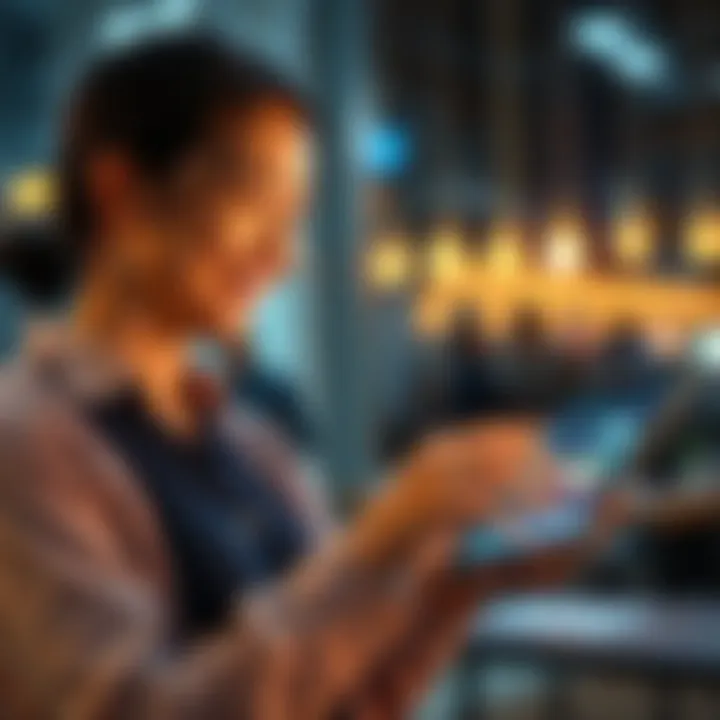 Enjoying AI Technology A person smiling while using a tablet with AI applications displayed, highlighting the joy of interacting with technology.