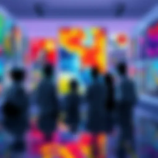 A group of art enthusiasts gathered to discuss their favorite AI art pieces, surrounded by colorful digital artworks on display.