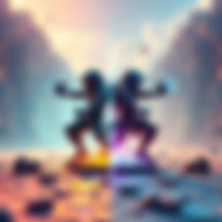 Two game characters splitting into halves, each half showing distinct abilities, set in a colorful digital landscape.