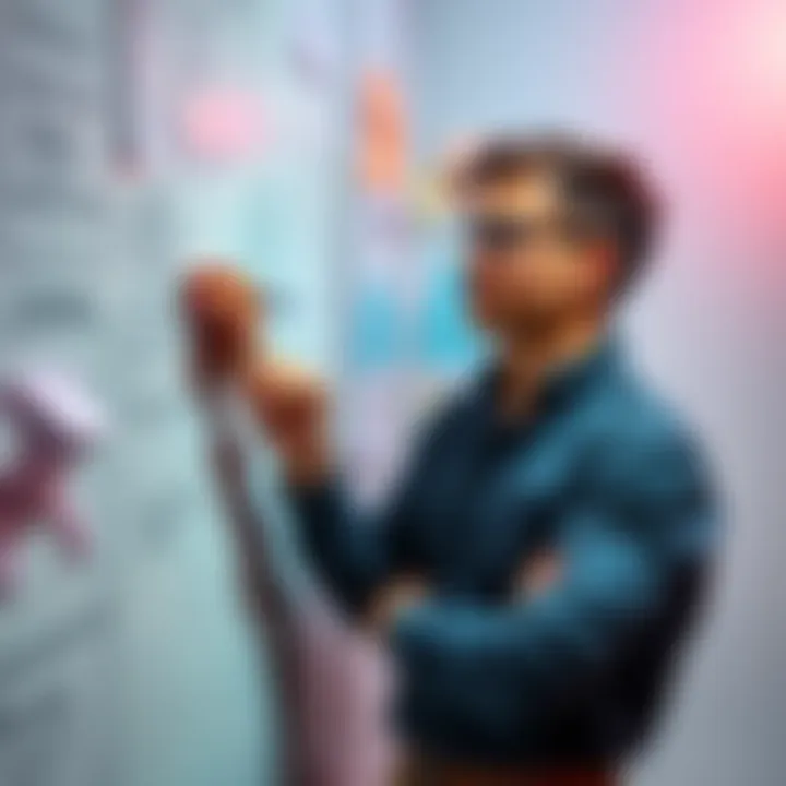 A young entrepreneur writing ideas on a whiteboard, surrounded by notes and diagrams, looking thoughtful and focused on AI workflows.