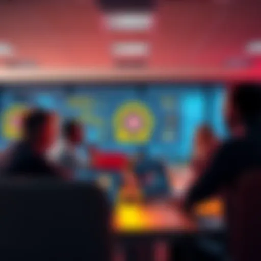 A group of entrepreneurs discussing ideas with laptops open and AI graphics on screens in a modern office space.