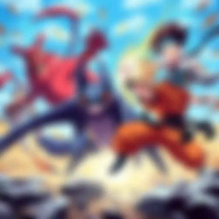 Dynamic battle between iconic anime characters from Pokémon, Demon Slayer, and Dragon Ball Super in an action-packed scene