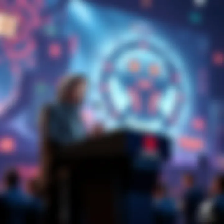 Epic Games CEO Discusses AI Strategy Epic Games CEO speaking at a podium about the company's new AI strategy, with a futuristic gaming backdrop.