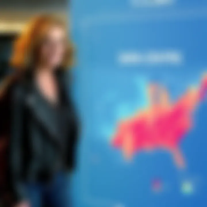 Erin Brockovich standing next to a map displaying over 4,200 data centres in the U.S., encouraging communities to report environmental impacts.