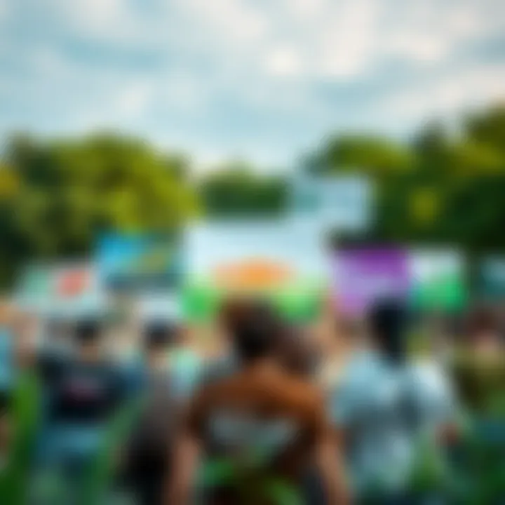 A group of people holding signs promoting sustainable brands and against unethical companies, with a green park in the background