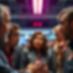 A group of people engaged in a heated discussion about the ethics of artificial intelligence, showing varied emotions and opinions.