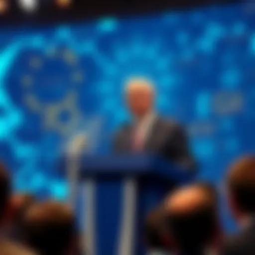 EU President speaking at a podium about AI development and its future impact on society
