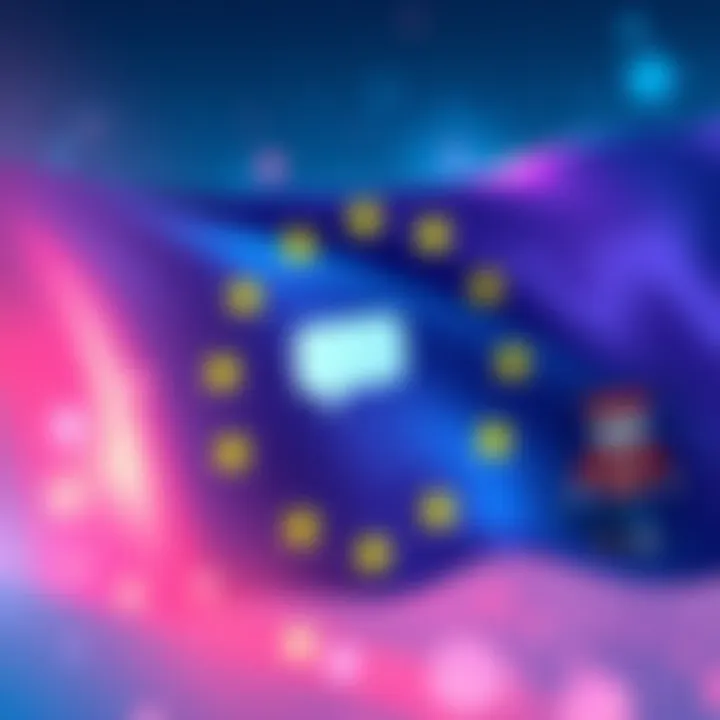 Illustration showing the EU flag with icons representing ChatGPT, forums, and Roblox, symbolizing new regulations for digital services.