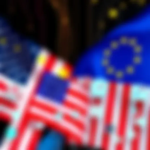 Flags of the EU and US with symbols representing digital regulations